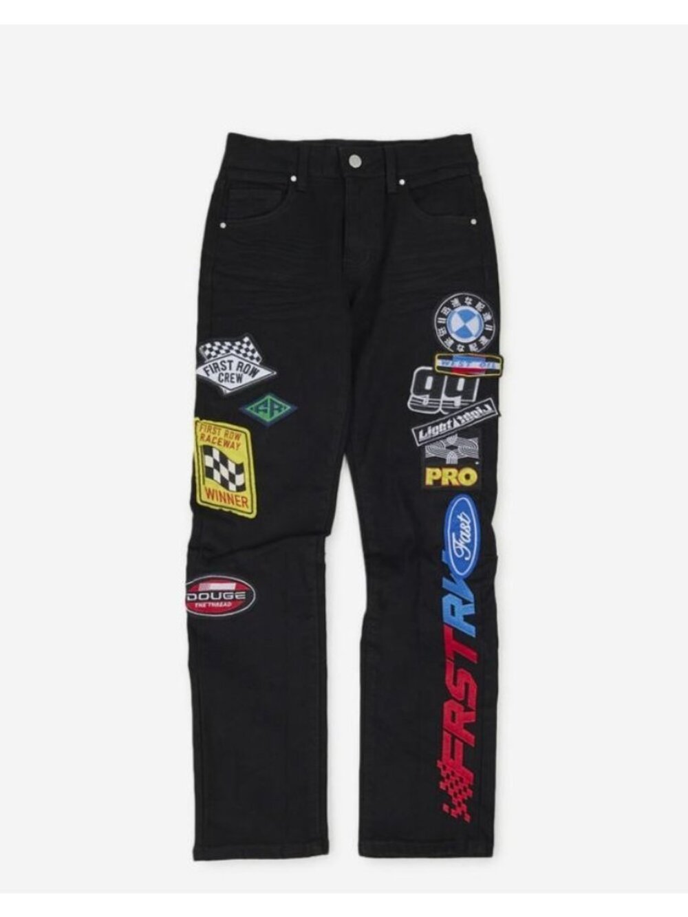First Row Racing Pants Youth Med Black Stone Denim Patches Fast Crew Winner 920